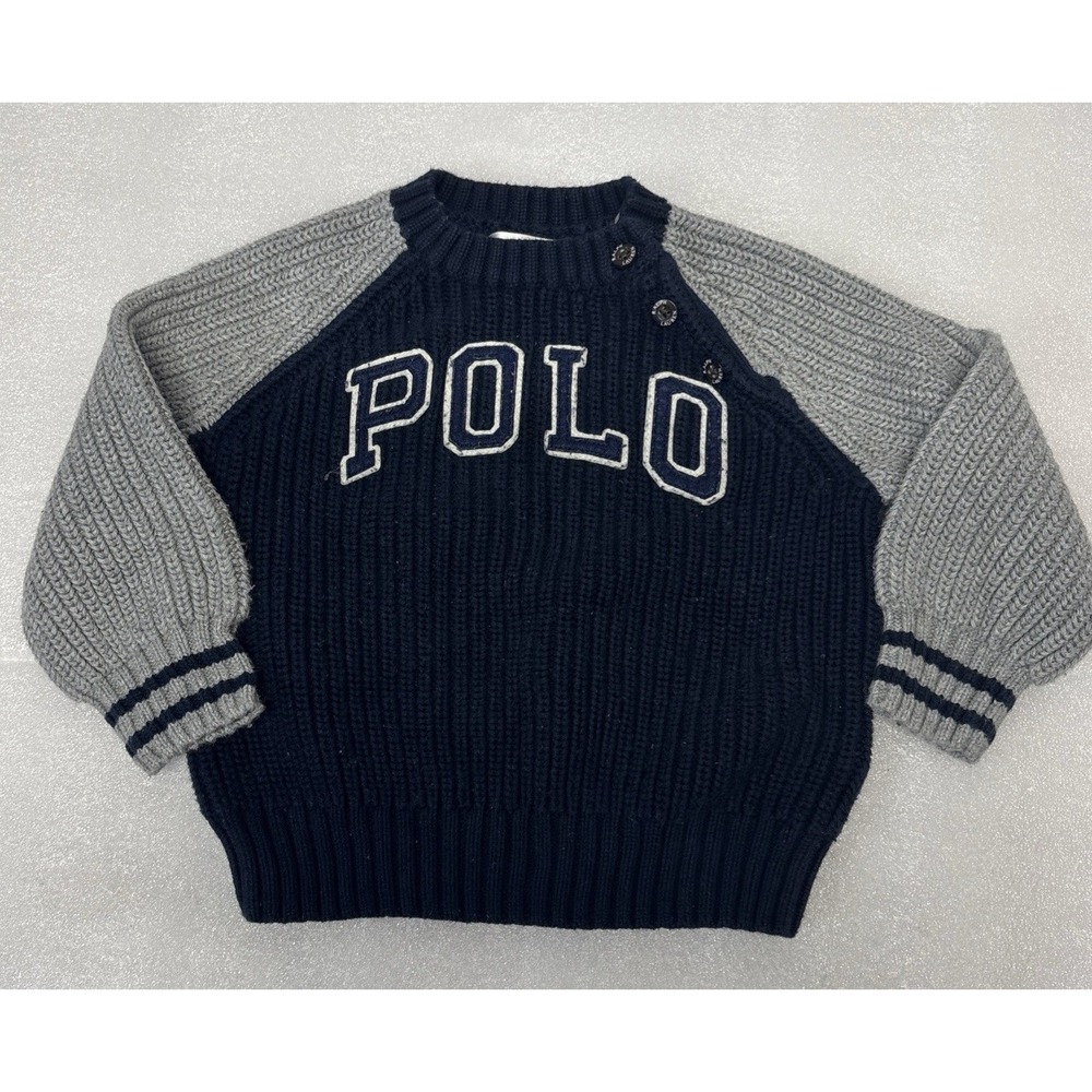 Ralph Lauren 18M Cotton Cable-Knit Pullover Sweater Crewneck Button Gray